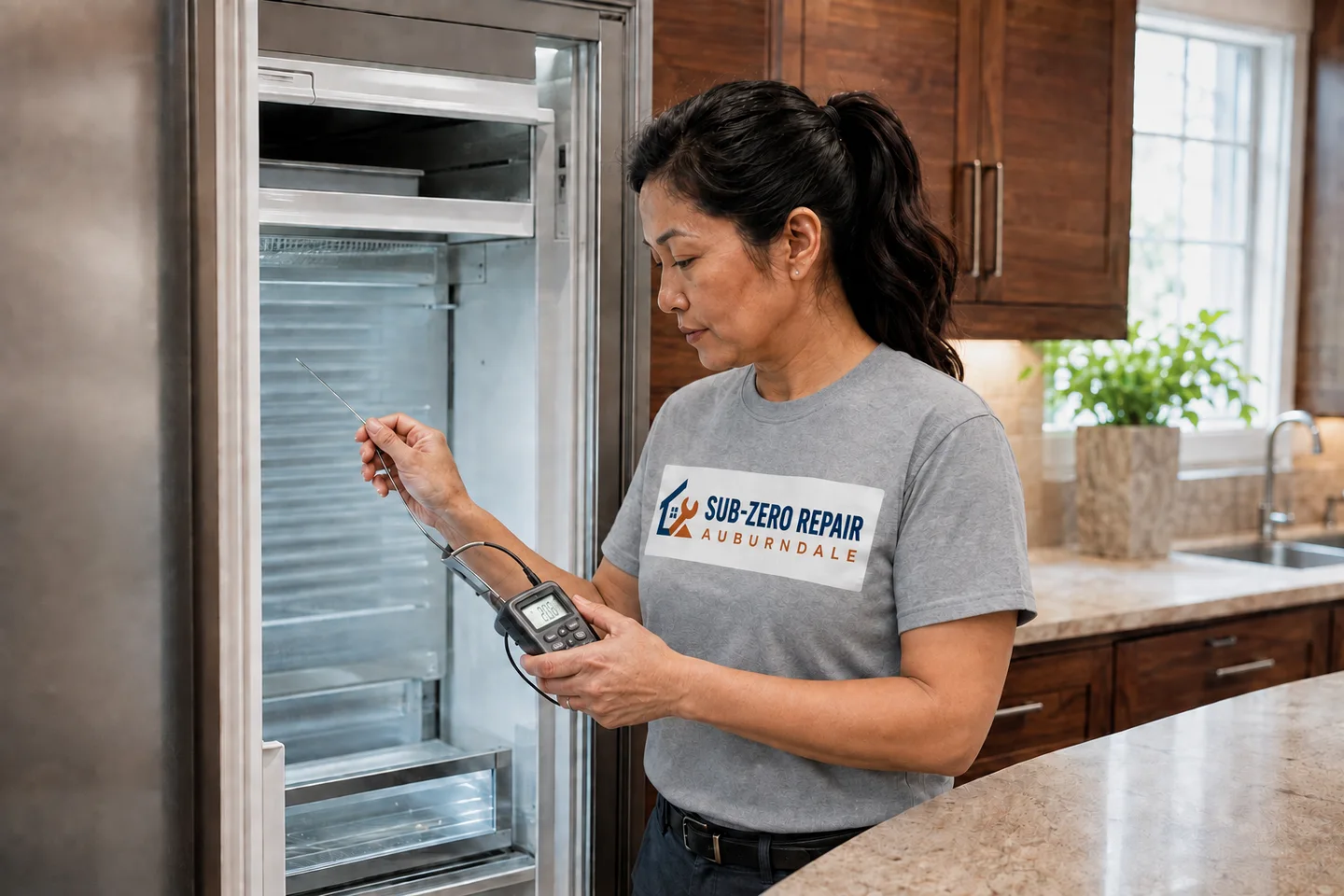 Technician diagnosing a kitchen appliance, wearing the company logo. AI-generated illustration.