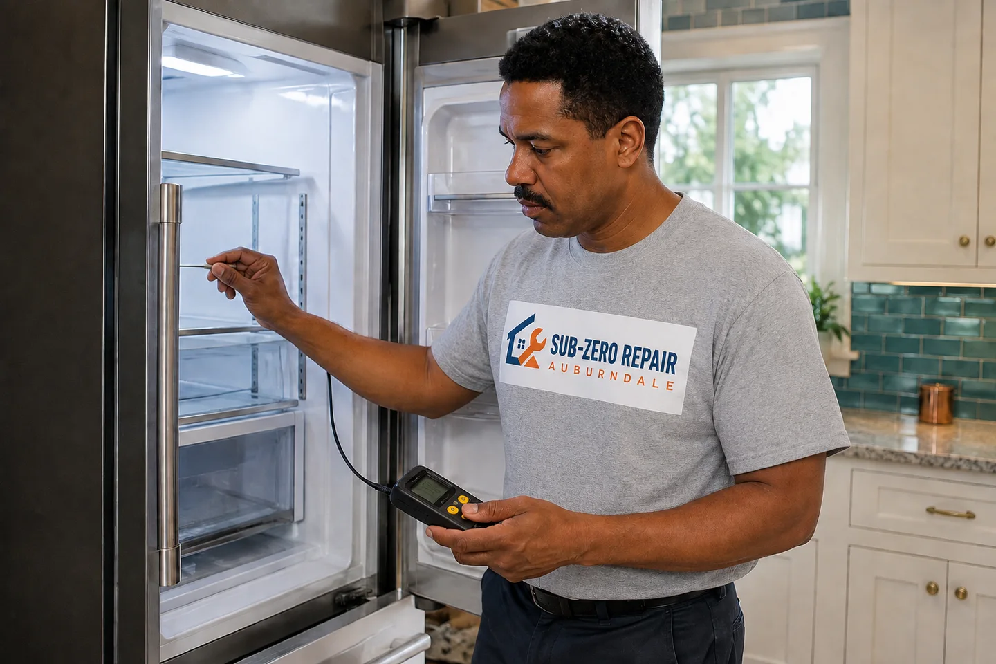 Technician diagnosing a Monogram kitchen appliance, wearing the company logo. AI-generated illustration.