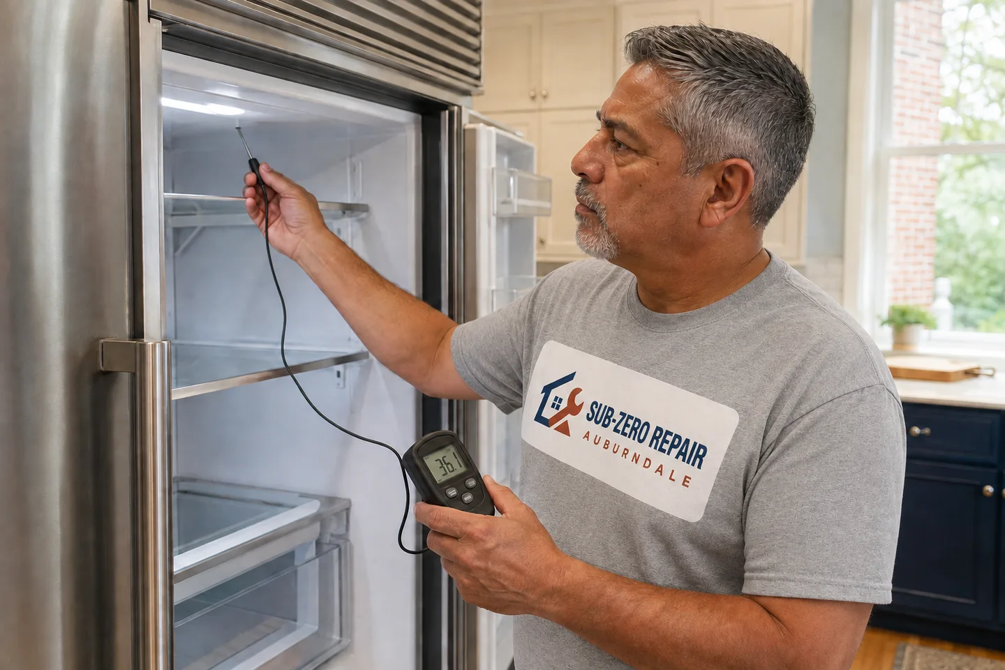 Technician diagnosing a Sub-Zero kitchen appliance, wearing the company logo. AI-generated illustration.