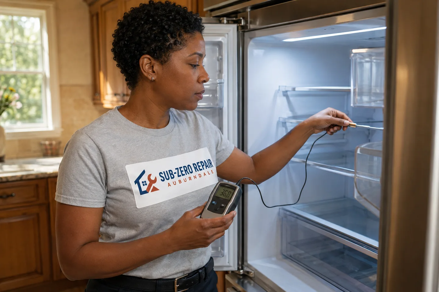 Technician diagnosing a Thermador kitchen appliance, wearing the company logo. AI-generated illustration.