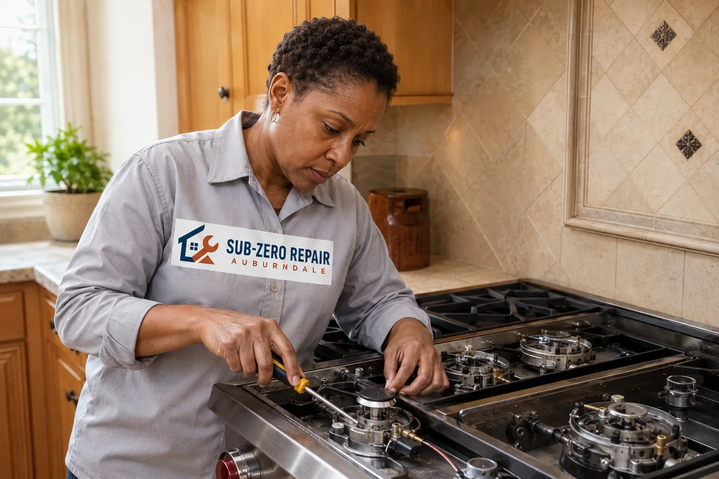 Technician diagnosing a Wolf kitchen appliance, wearing the company logo. AI-generated illustration.