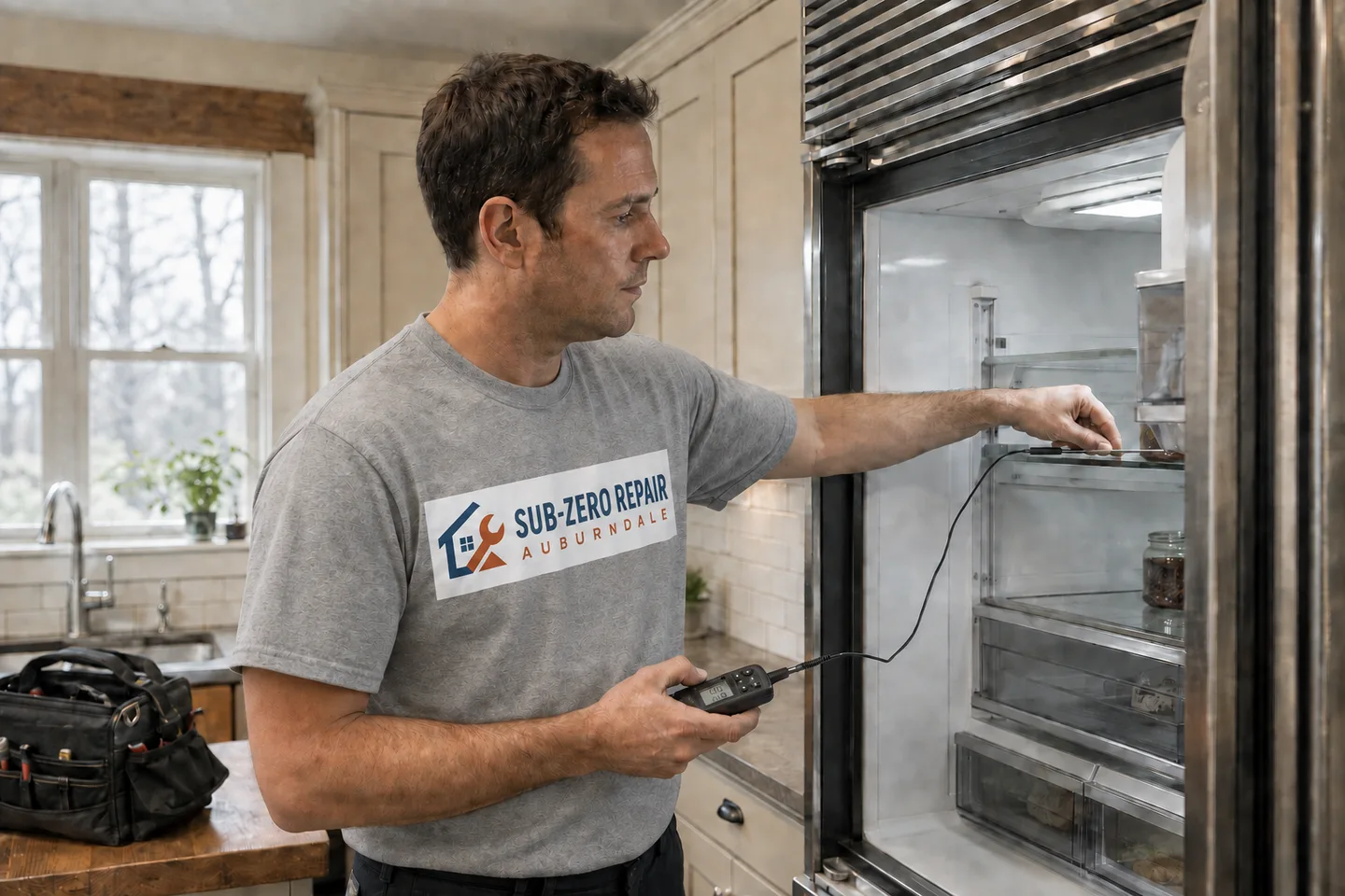 Technician measuring temperature inside a built-in refrigerator, with the company logo on his uniform. AI-generated illustration.
