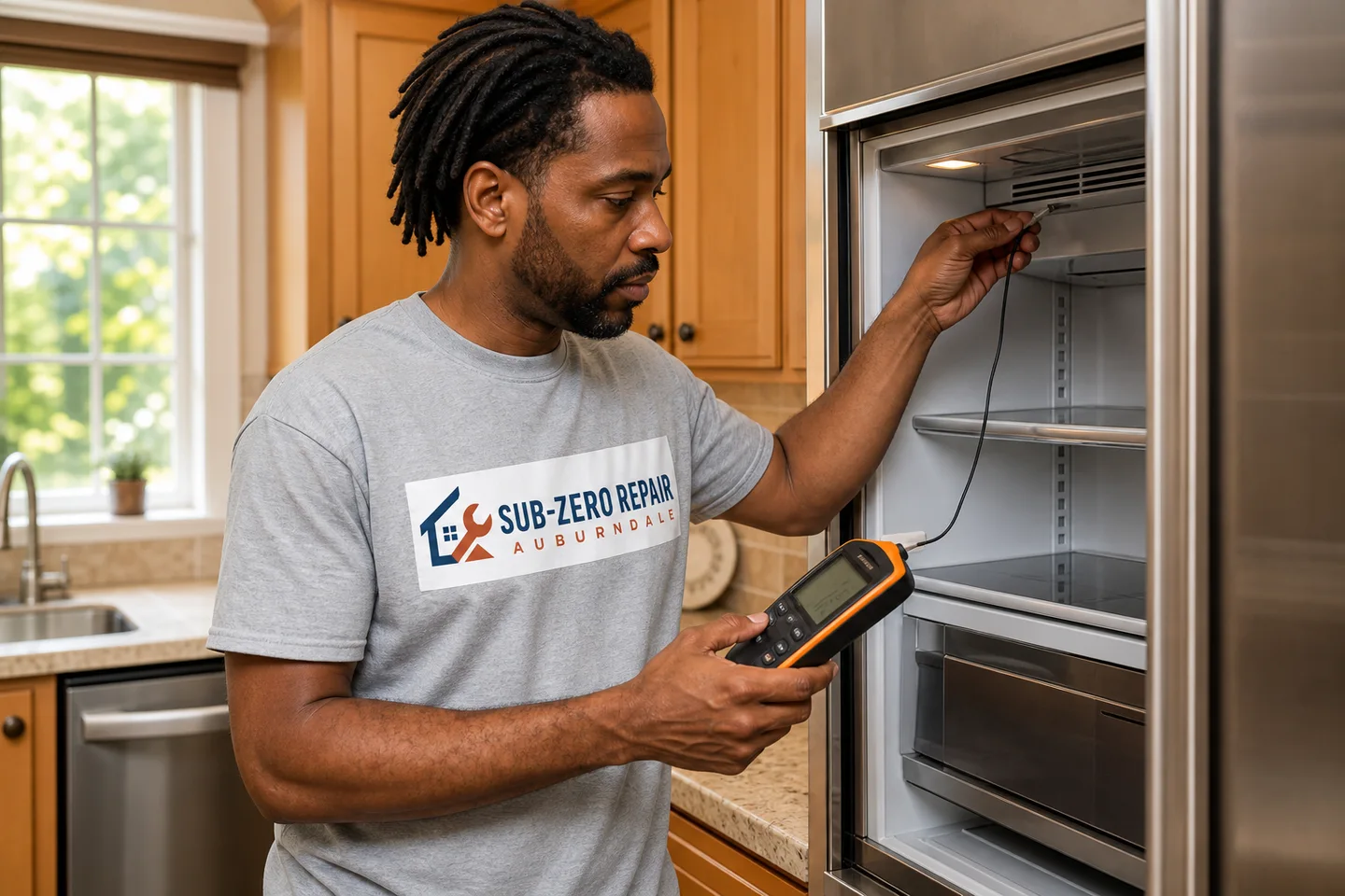 Technician diagnosing a kitchen appliance, wearing the company logo. AI-generated illustration.