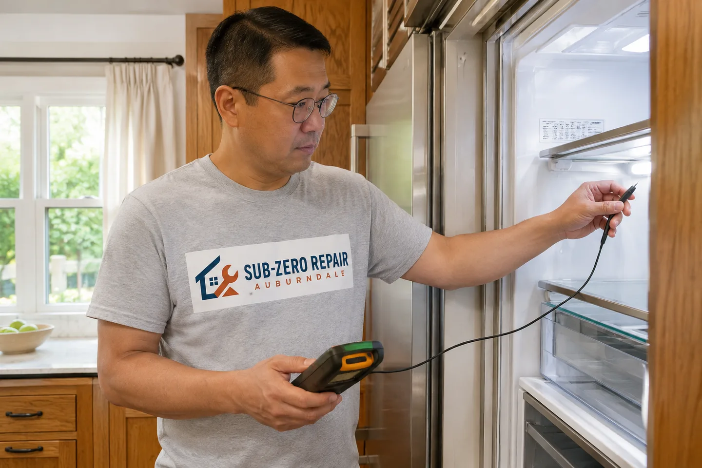 Technician diagnosing a Sub-Zero kitchen appliance, wearing the company logo. AI-generated illustration.