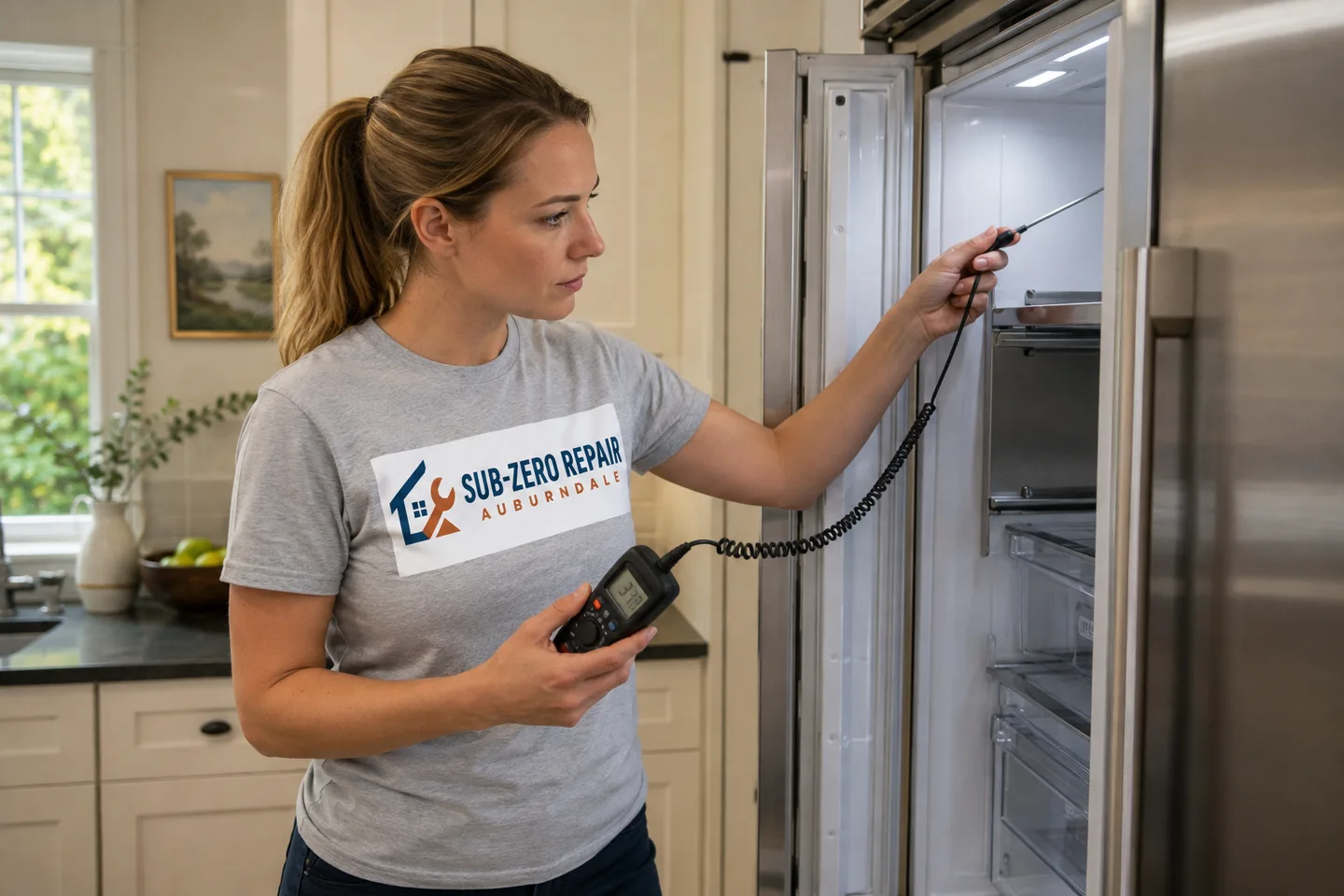 Technician diagnosing a kitchen appliance, wearing the company logo. AI-generated illustration.