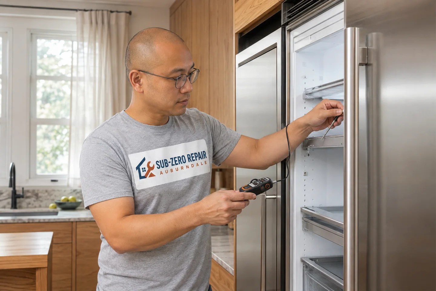Technician diagnosing a Sub-Zero kitchen appliance, wearing the company logo. AI-generated illustration.
