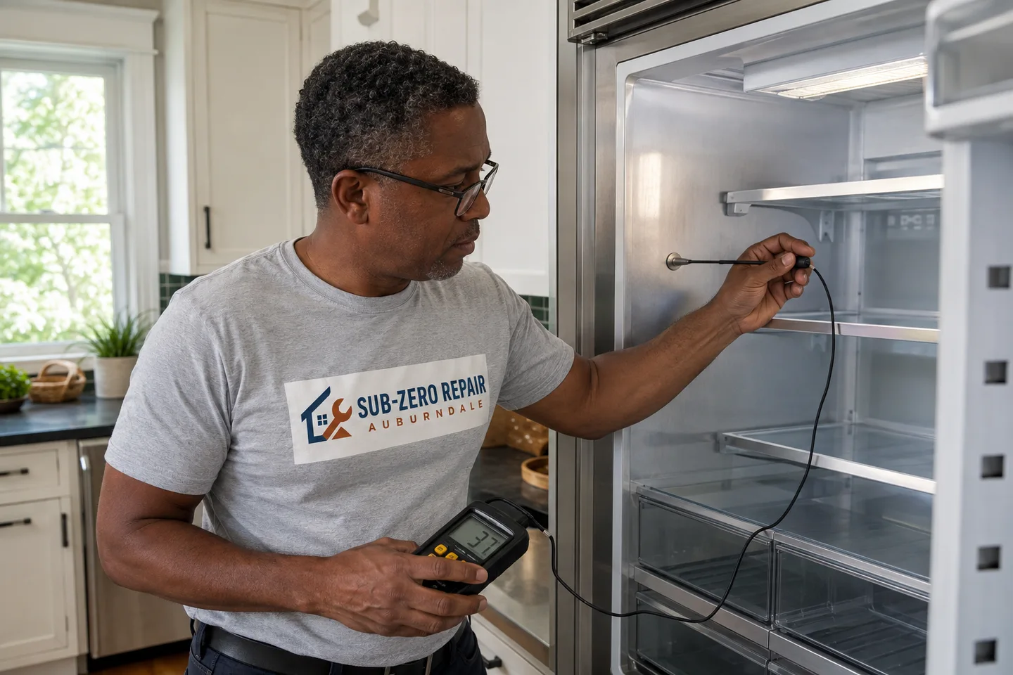 Technician diagnosing a Sub-Zero kitchen appliance, wearing the company logo. AI-generated illustration.
