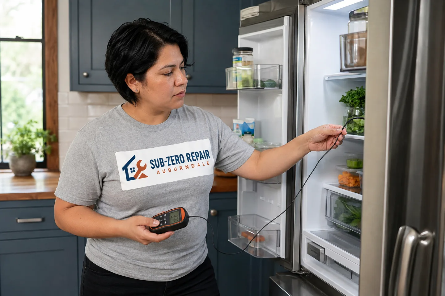 Technician diagnosing a kitchen appliance, wearing the company logo. AI-generated illustration.
