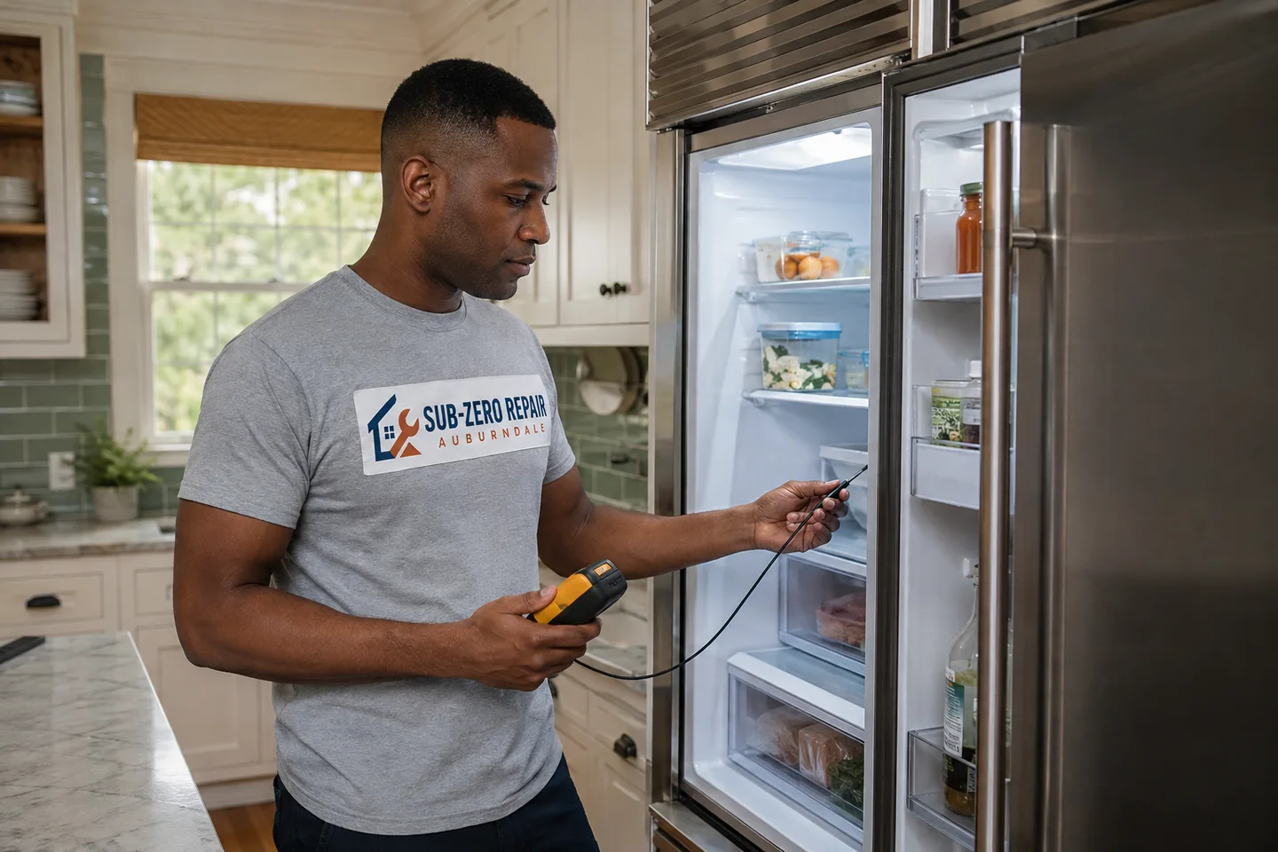 Technician diagnosing a Sub-Zero kitchen appliance, wearing the company logo. AI-generated illustration.