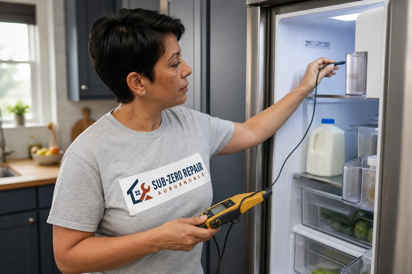 Technician diagnosing a kitchen appliance, wearing the company logo. AI-generated illustration.