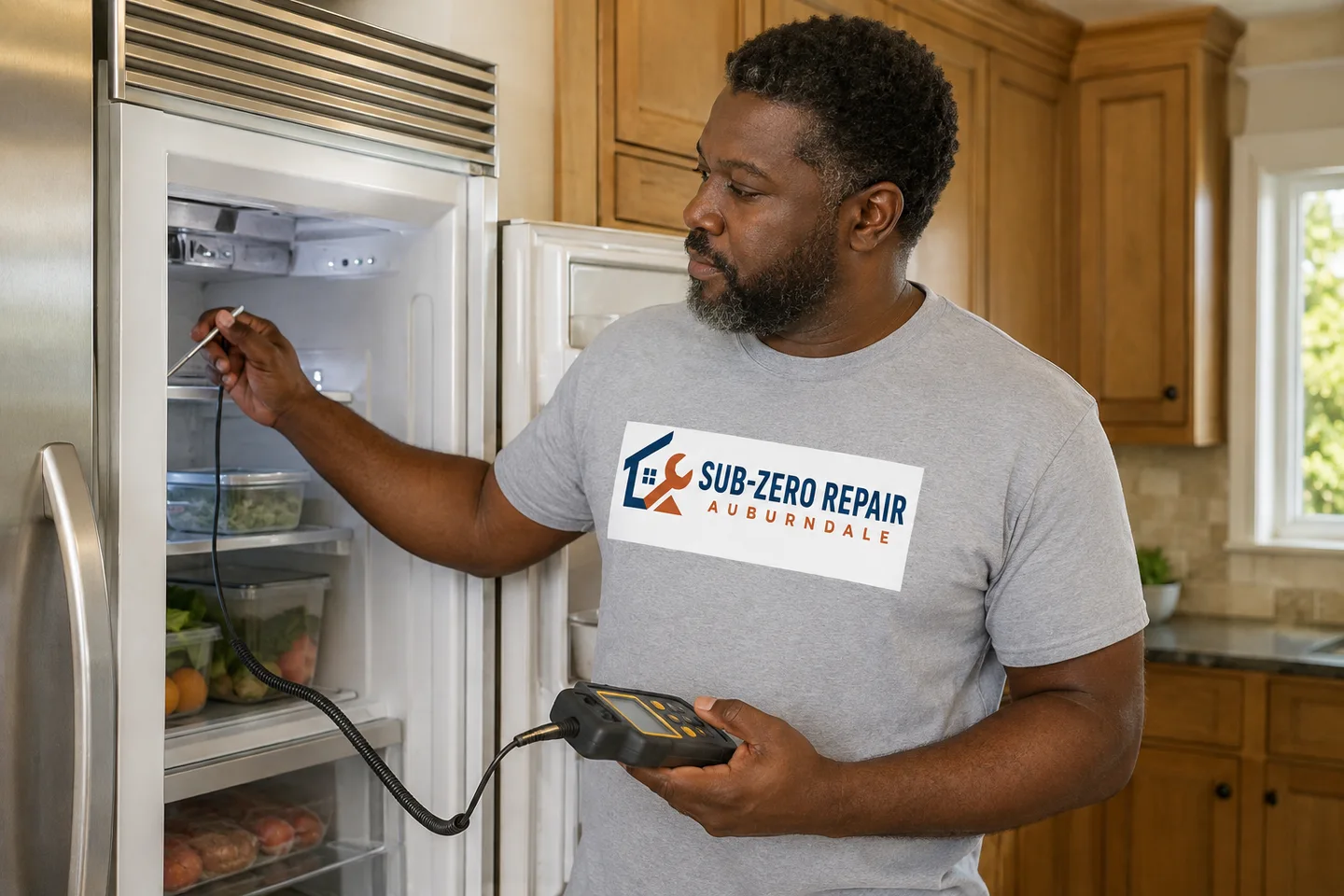 Technician diagnosing a Sub-Zero kitchen appliance, wearing the company logo. AI-generated illustration.