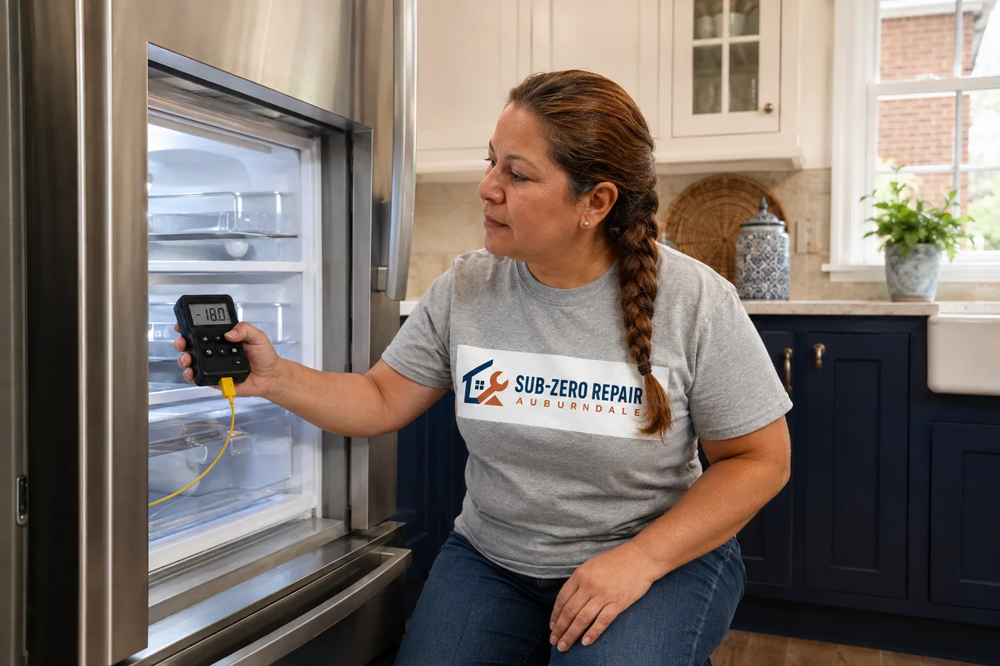 Technician diagnosing a kitchen appliance, wearing the company logo. AI-generated illustration.