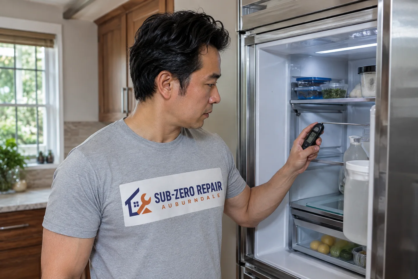 Technician diagnosing a Sub-Zero kitchen appliance, wearing the company logo. AI-generated illustration.