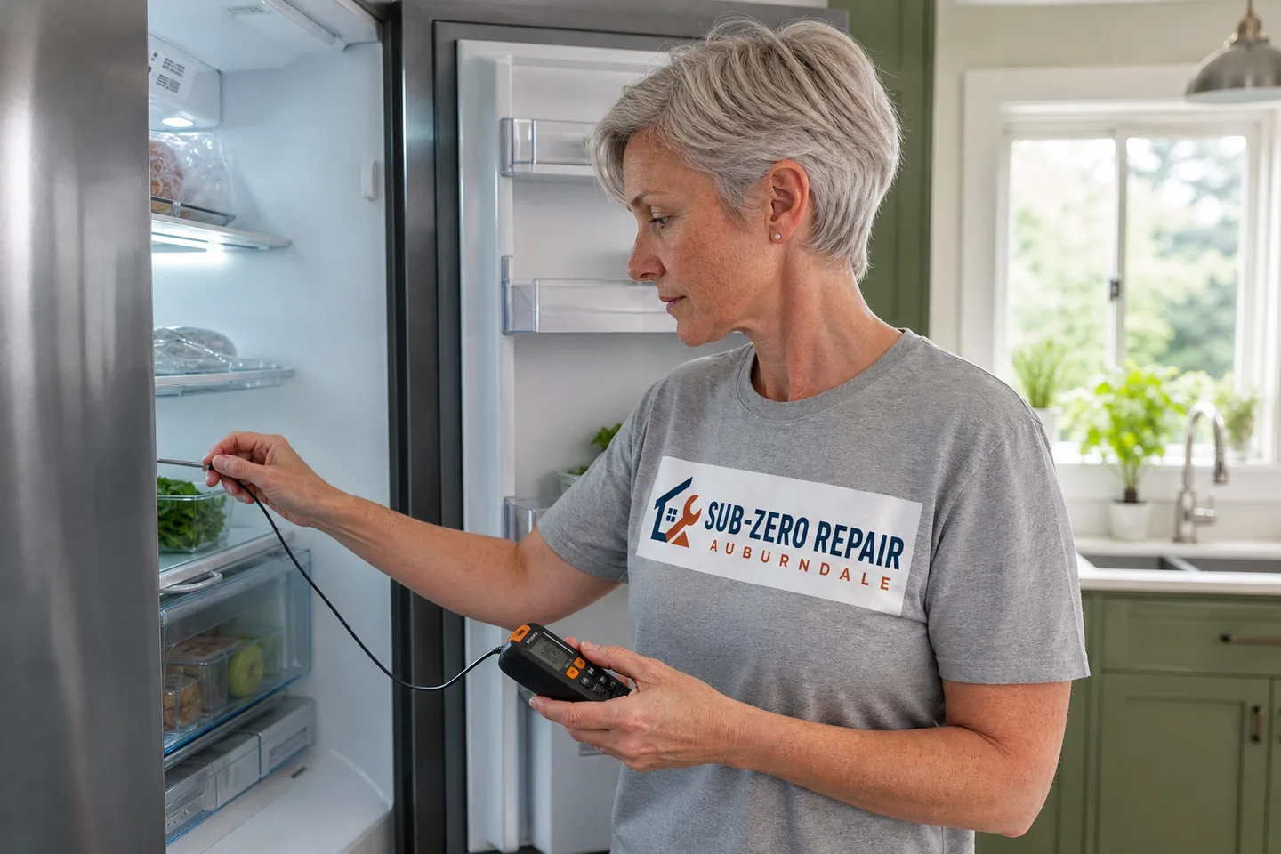 Technician diagnosing a kitchen appliance, wearing the company logo. AI-generated illustration.