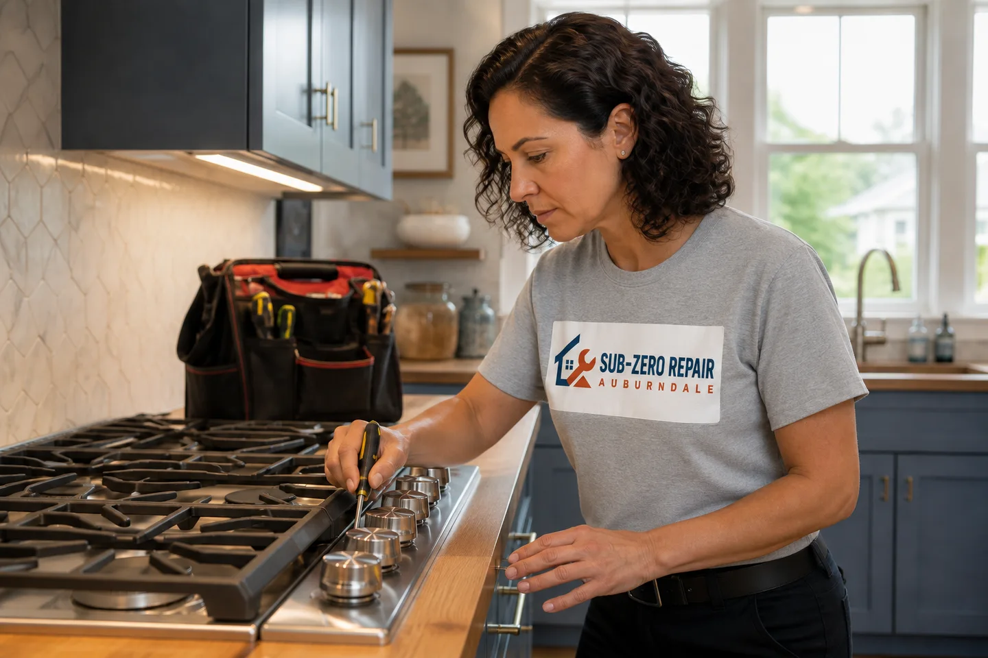 Technician diagnosing a Monogram cooktop & rangetop, wearing the company logo. AI-generated illustration.