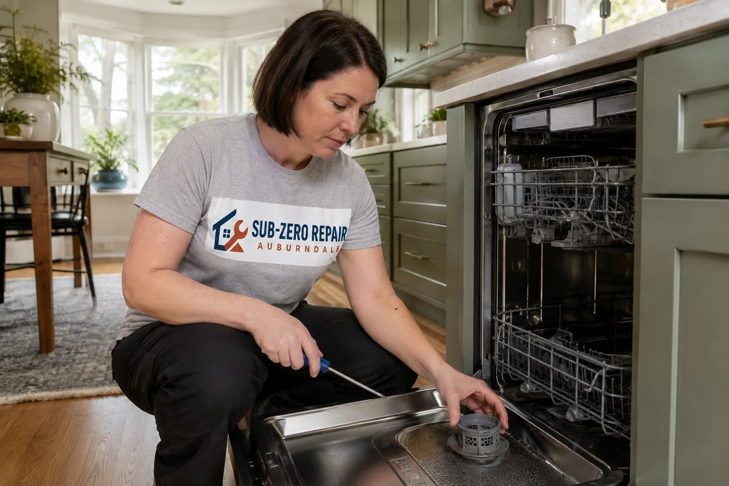 Technician diagnosing a Monogram dishwasher, wearing the company logo. AI-generated illustration.