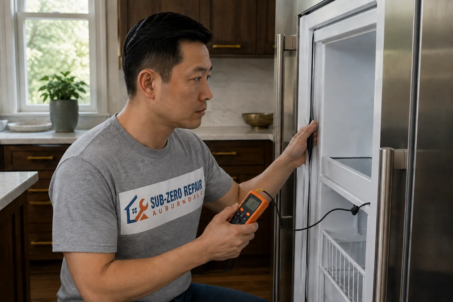 Technician diagnosing a Monogram freezer, wearing the company logo. AI-generated illustration.