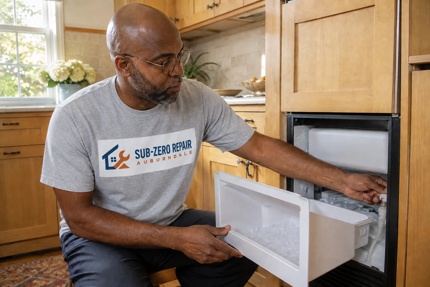 Technician diagnosing a Monogram ice maker, wearing the company logo. AI-generated illustration.