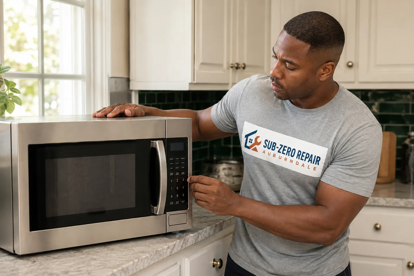 Technician diagnosing a Monogram microwave, wearing the company logo. AI-generated illustration.