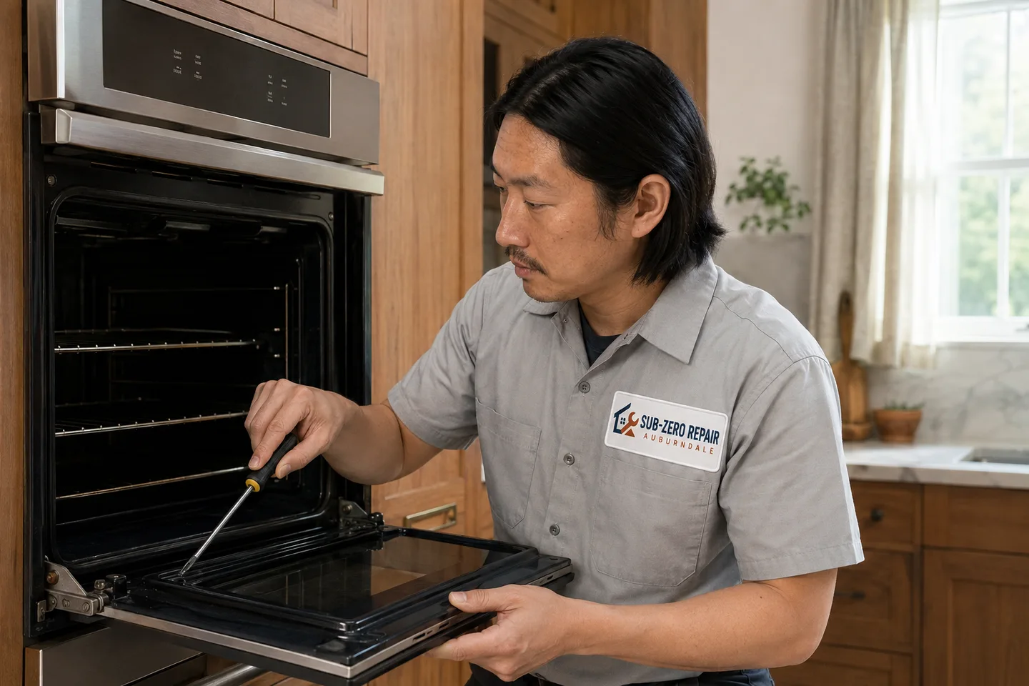 Technician diagnosing a Monogram oven, wearing the company logo. AI-generated illustration.