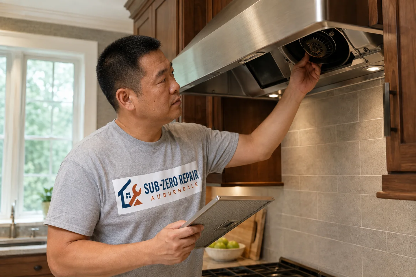 Technician diagnosing a Monogram range hood, wearing the company logo. AI-generated illustration.