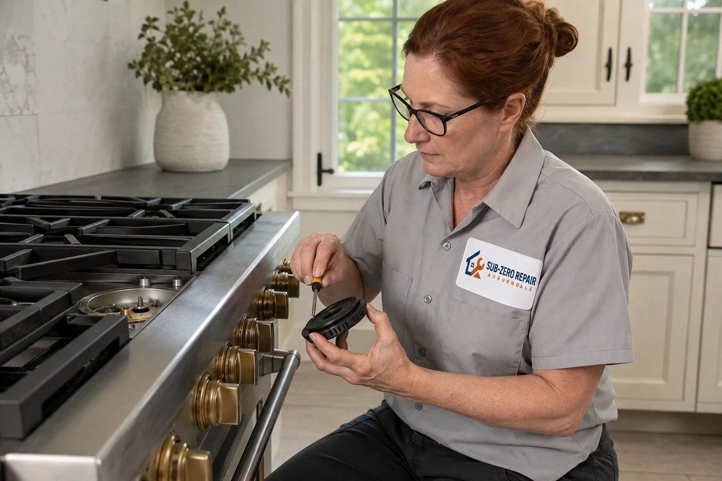 Technician diagnosing a Monogram range, wearing the company logo. AI-generated illustration.