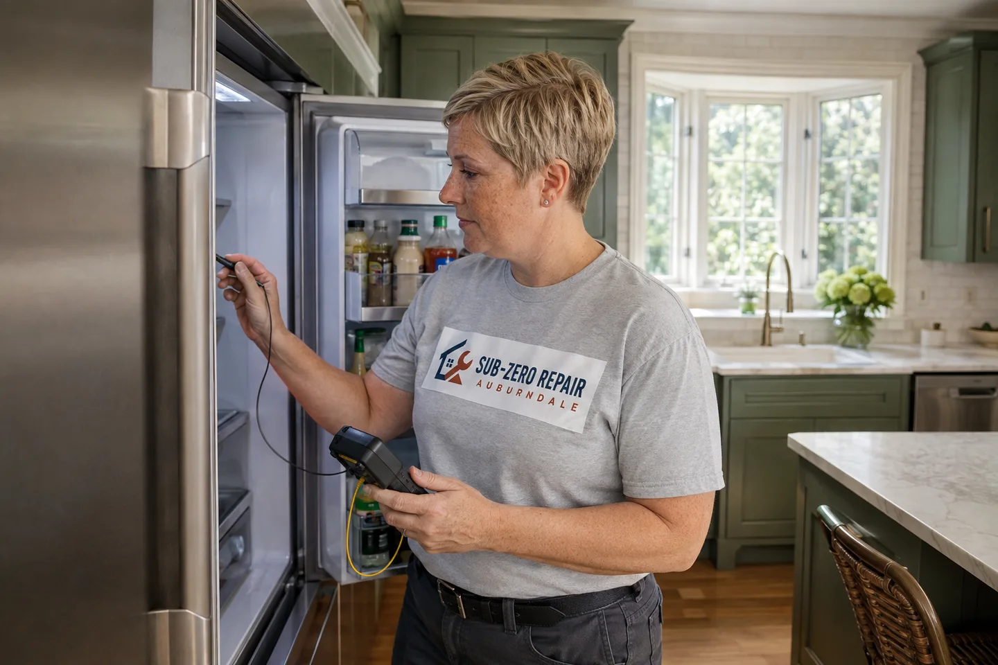 Technician diagnosing a Monogram refrigerator, wearing the company logo. AI-generated illustration.