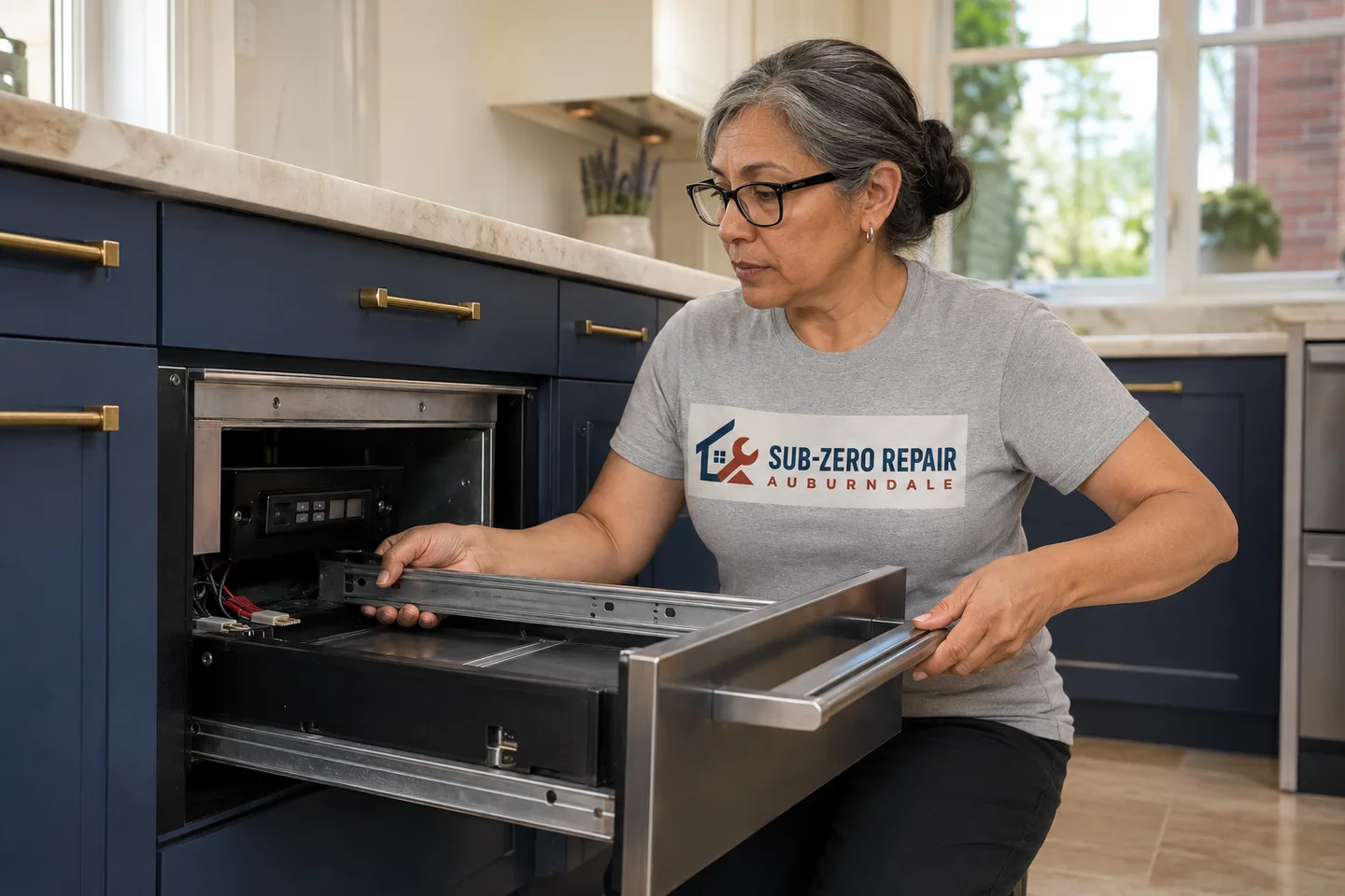 Technician diagnosing a Monogram warming drawer, wearing the company logo. AI-generated illustration.