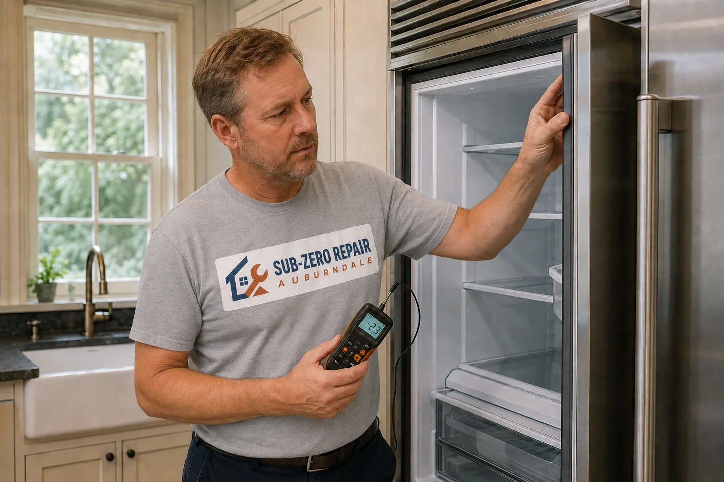 Technician diagnosing a Sub-Zero freezer, wearing the company logo. AI-generated illustration.