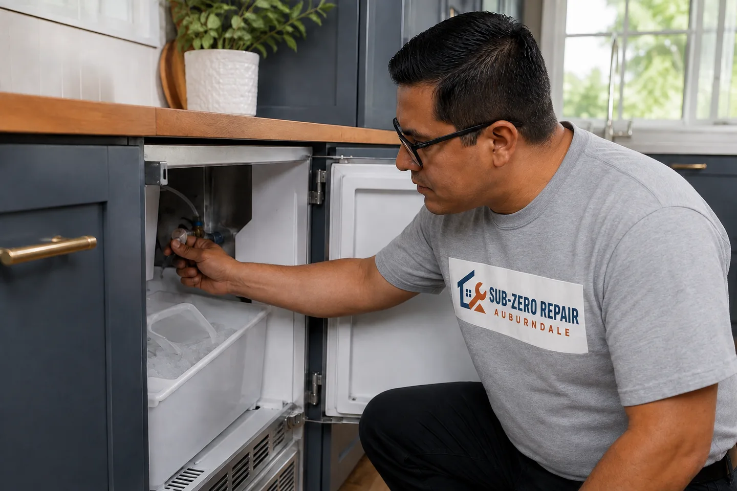 Technician diagnosing a Sub-Zero ice maker, wearing the company logo. AI-generated illustration.