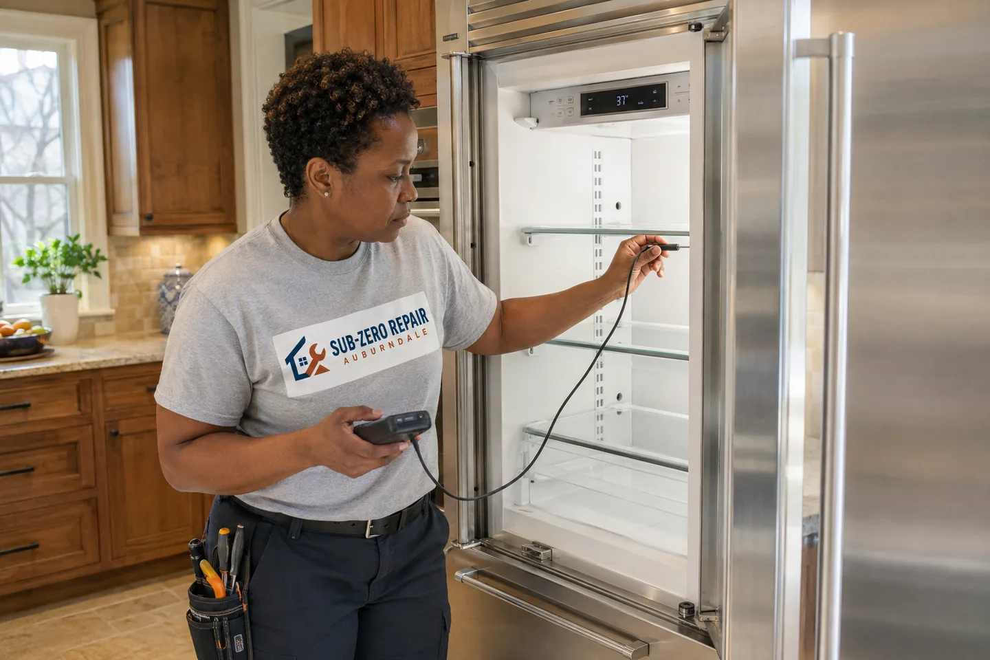 Technician diagnosing a Sub-Zero refrigerator, wearing the company logo. AI-generated illustration.