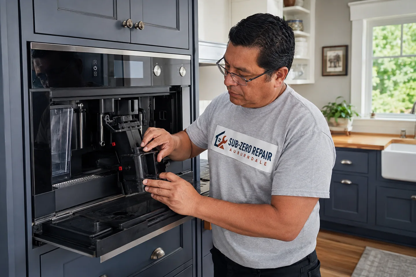 Technician diagnosing a Thermador built-in coffee system, wearing the company logo. AI-generated illustration.