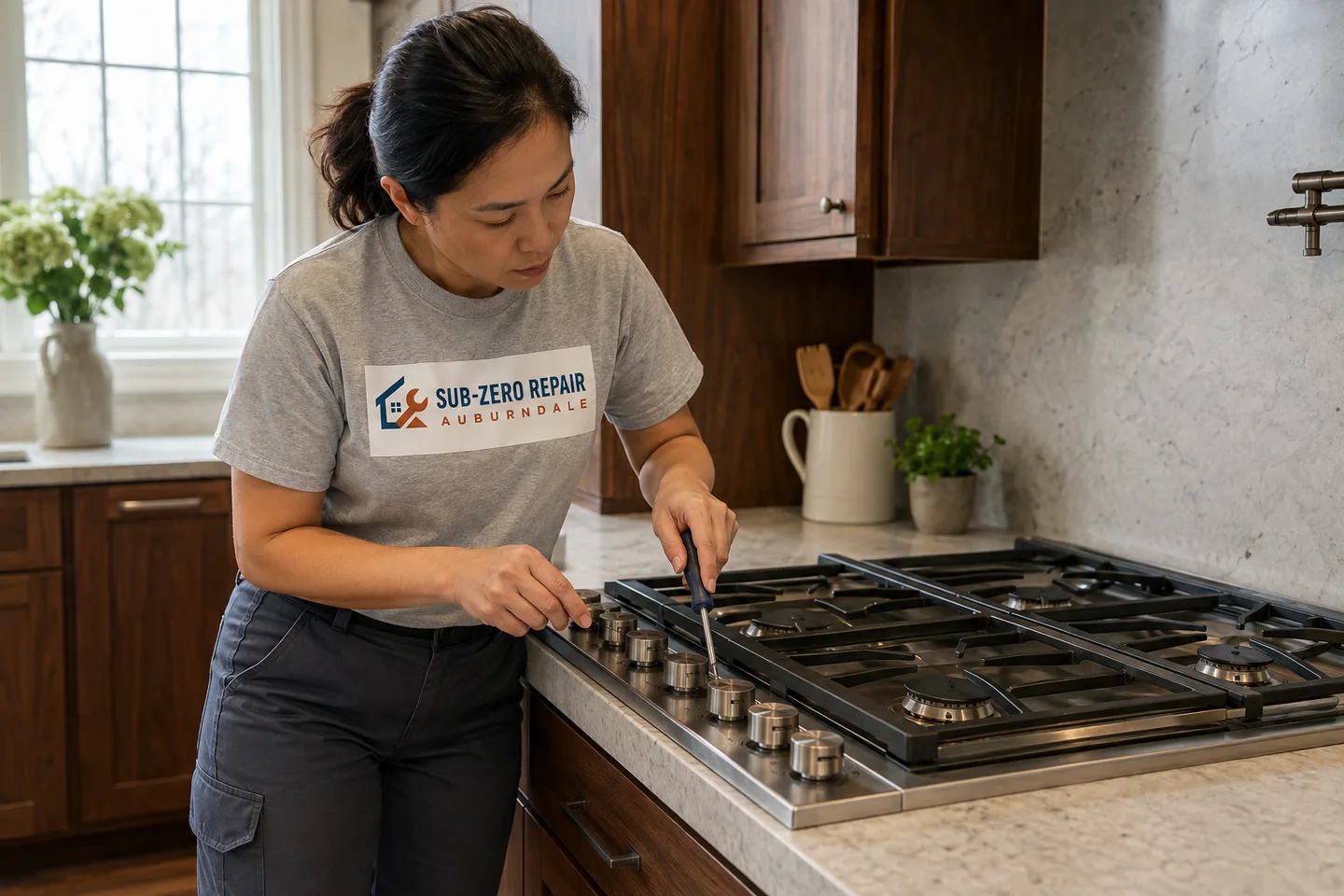 Technician diagnosing a Thermador cooktop & rangetop, wearing the company logo. AI-generated illustration.