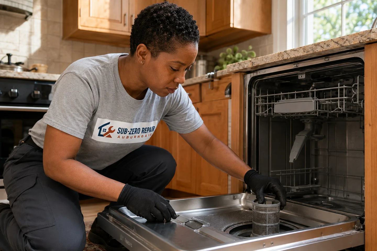 Technician diagnosing a Thermador dishwasher, wearing the company logo. AI-generated illustration.