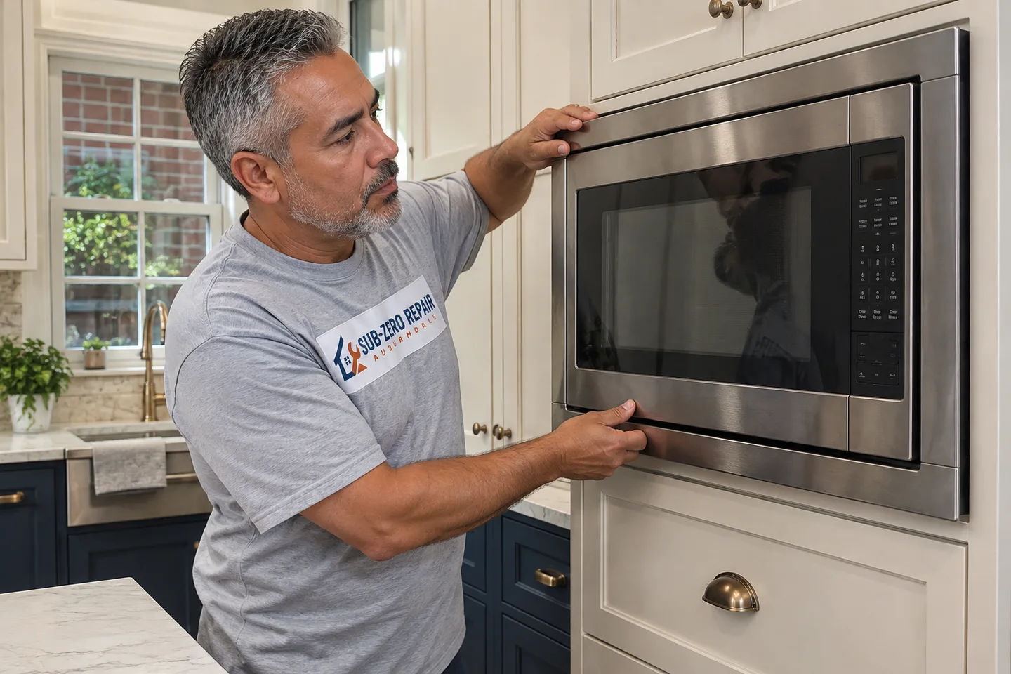 Technician diagnosing a Thermador microwave, wearing the company logo. AI-generated illustration.
