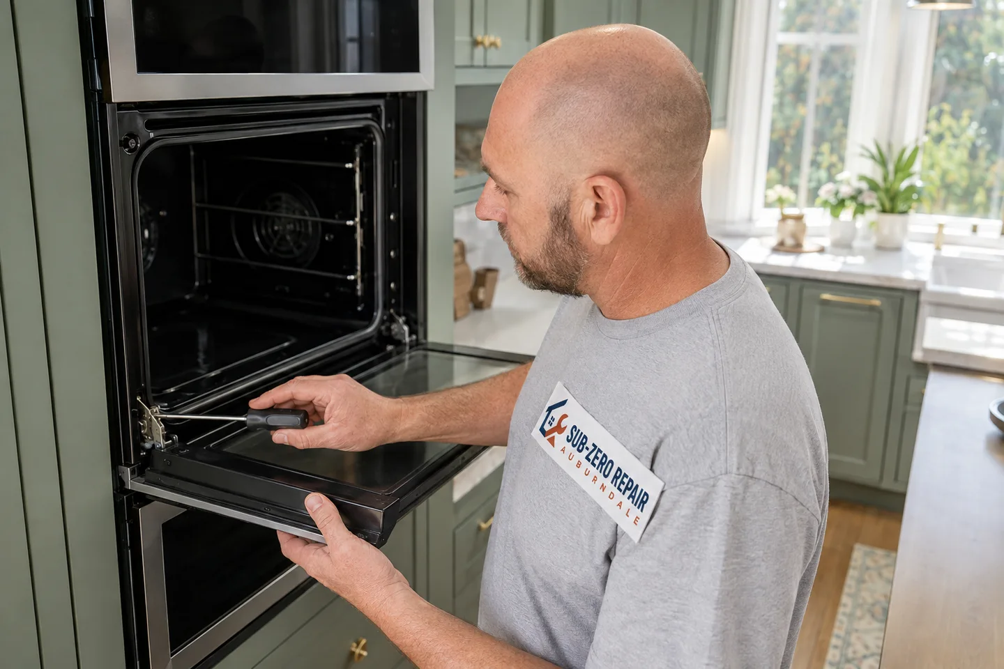 Technician diagnosing a Thermador oven, wearing the company logo. AI-generated illustration.