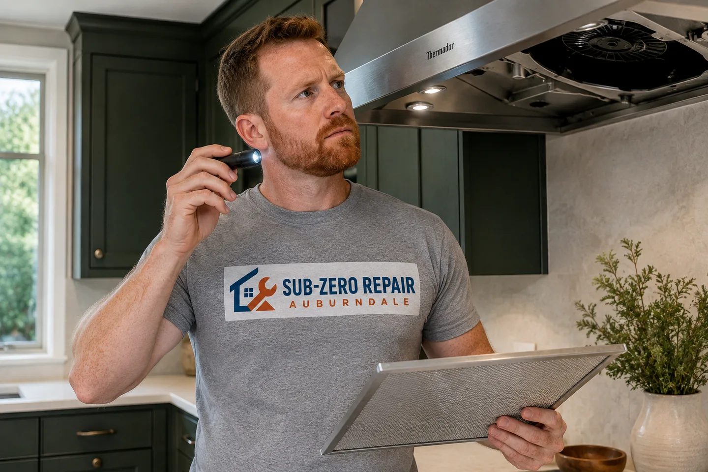 Technician diagnosing a Thermador range hood, wearing the company logo. AI-generated illustration.