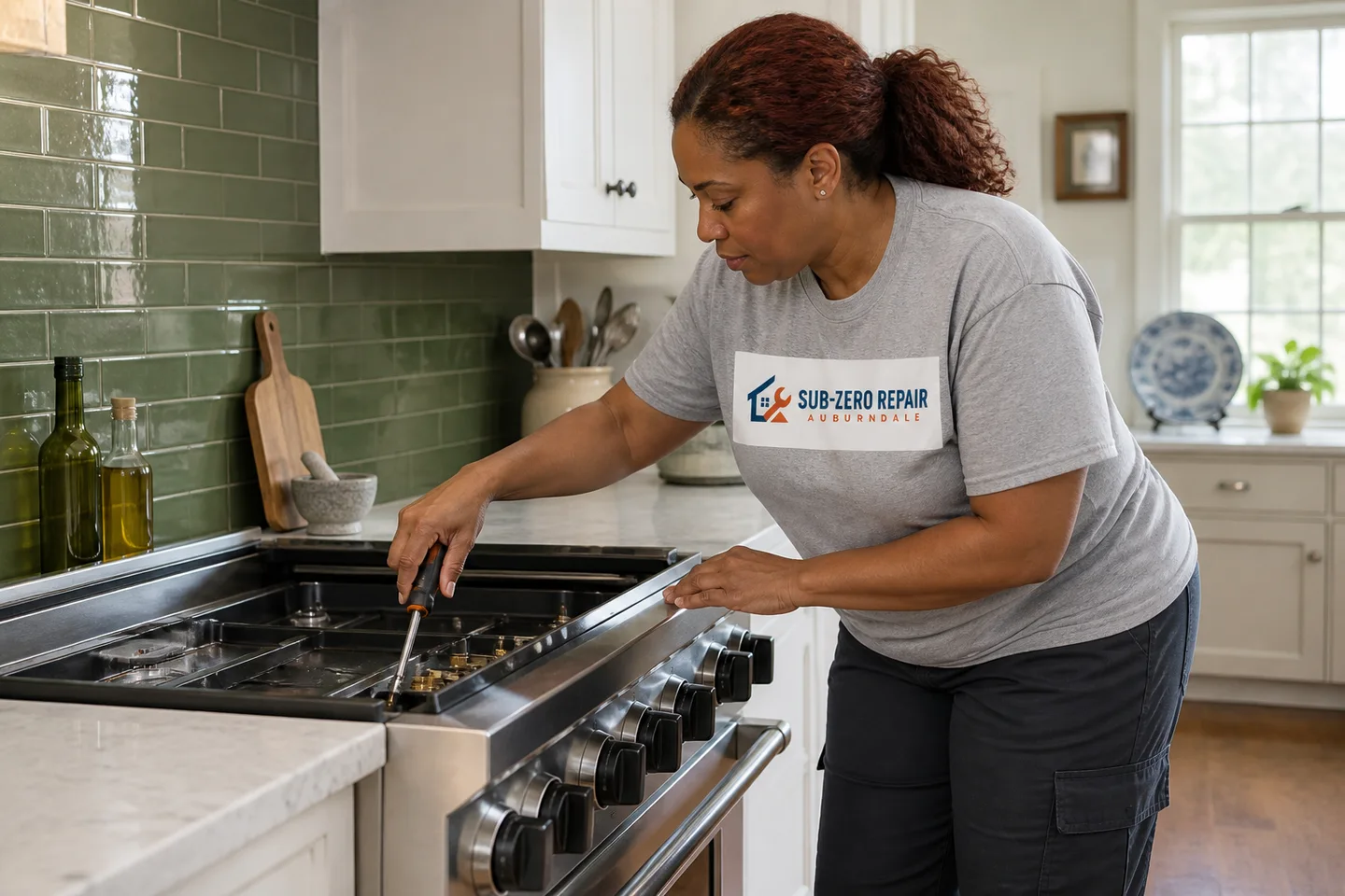 Technician diagnosing a Thermador range, wearing the company logo. AI-generated illustration.