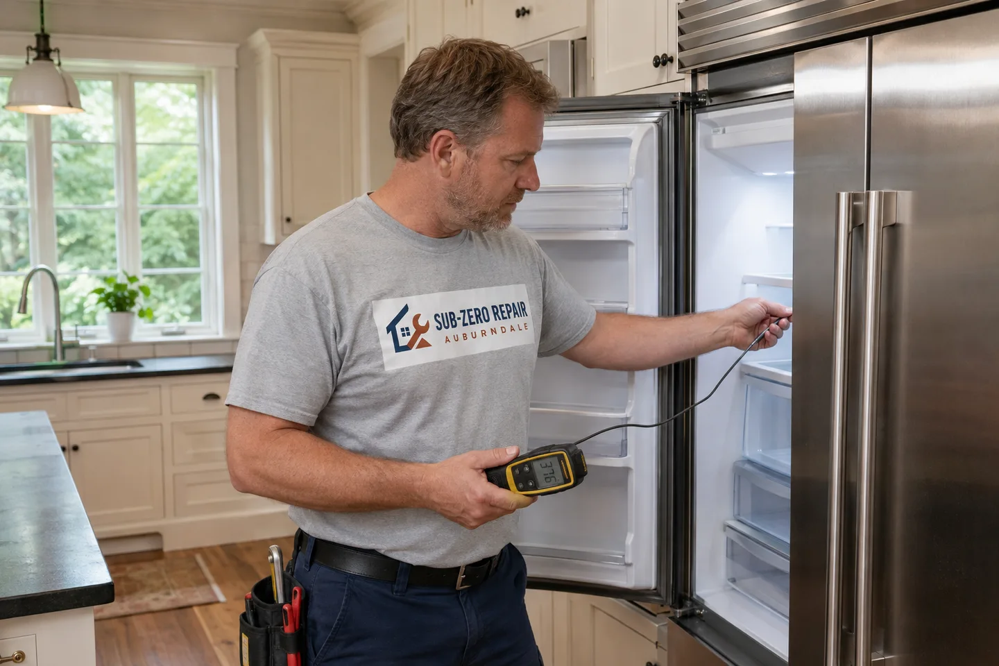 Technician diagnosing a Thermador refrigerator, wearing the company logo. AI-generated illustration.