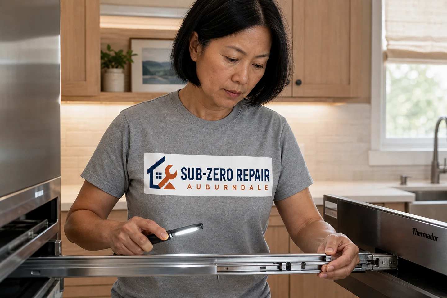 Technician diagnosing a Thermador warming drawer, wearing the company logo. AI-generated illustration.