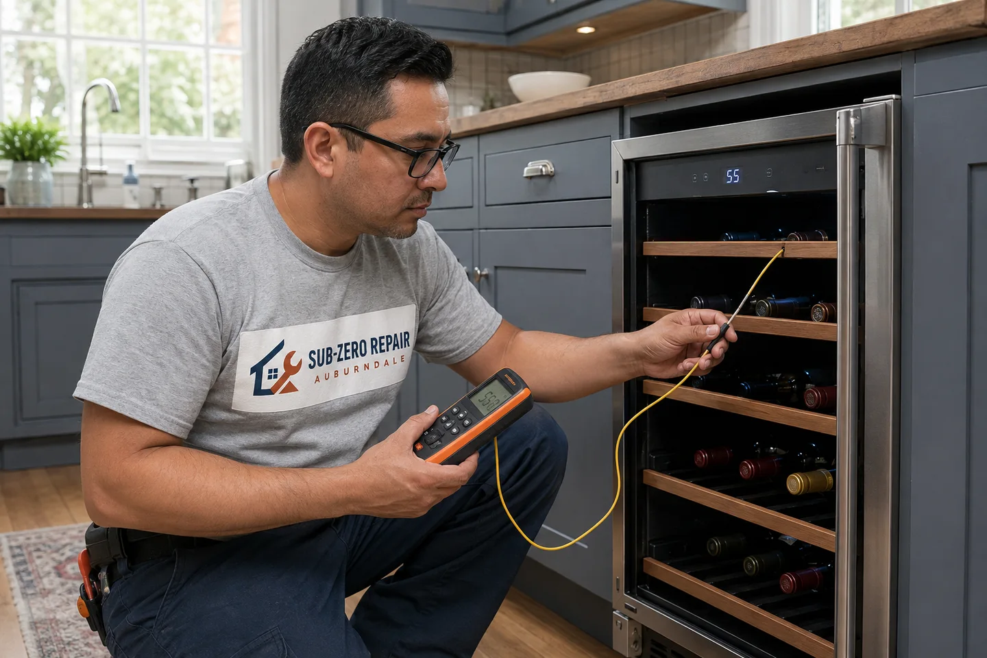Technician diagnosing a Thermador wine cooler, wearing the company logo. AI-generated illustration.