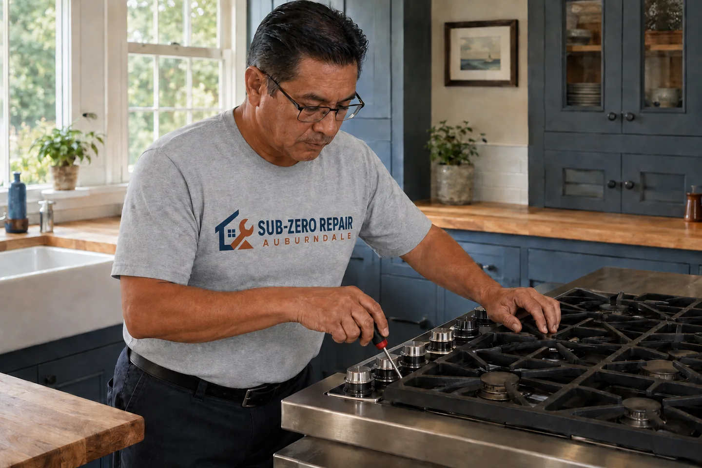 Technician diagnosing a Viking cooktop & rangetop, wearing the company logo. AI-generated illustration.