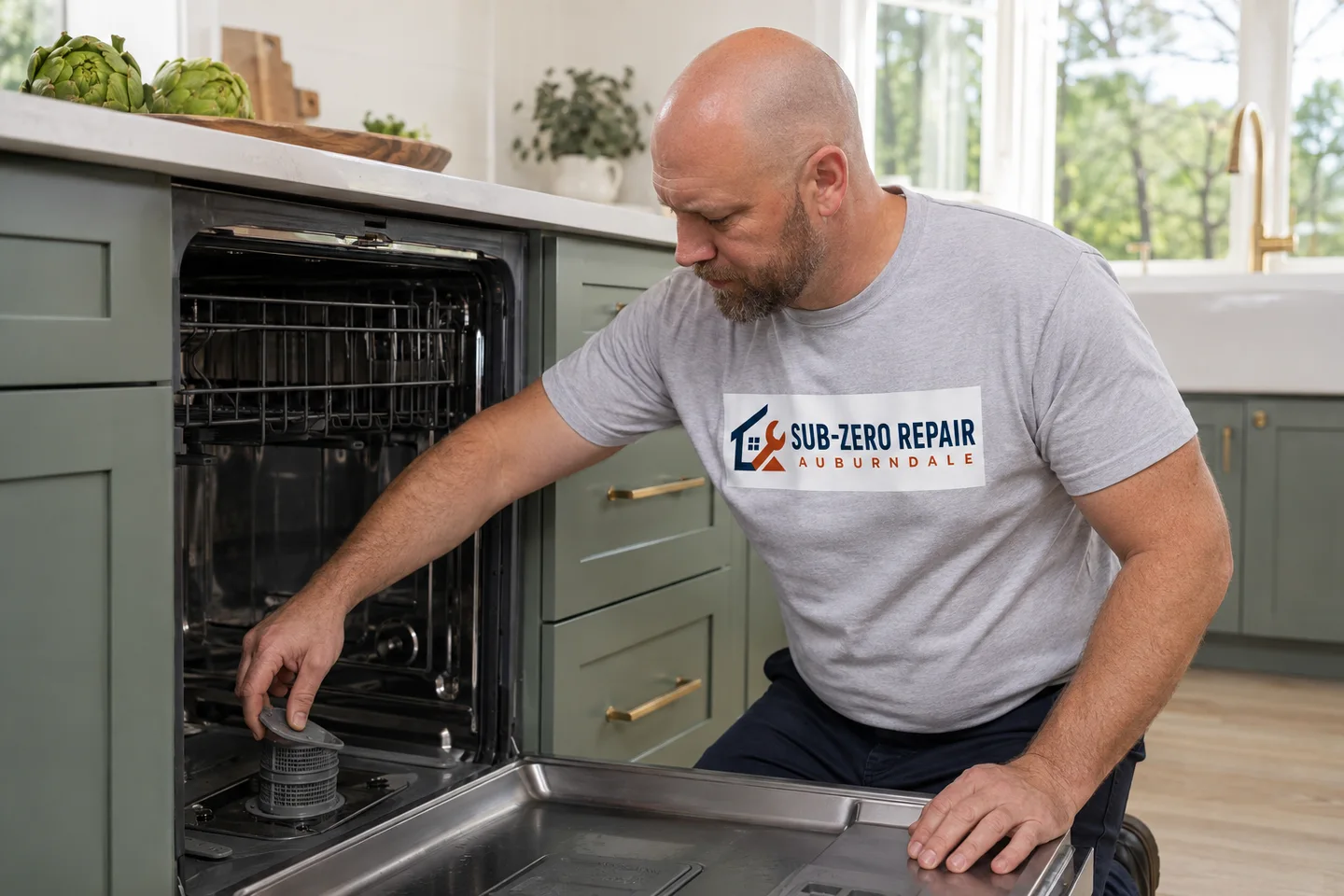 Technician diagnosing a Viking dishwasher, wearing the company logo. AI-generated illustration.