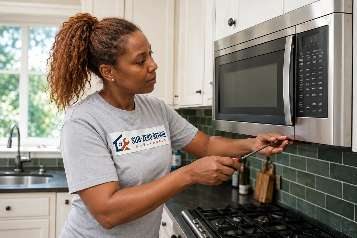Technician diagnosing a Viking microwave, wearing the company logo. AI-generated illustration.
