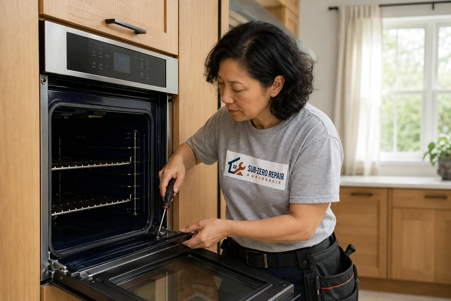 Technician diagnosing a Viking oven, wearing the company logo. AI-generated illustration.