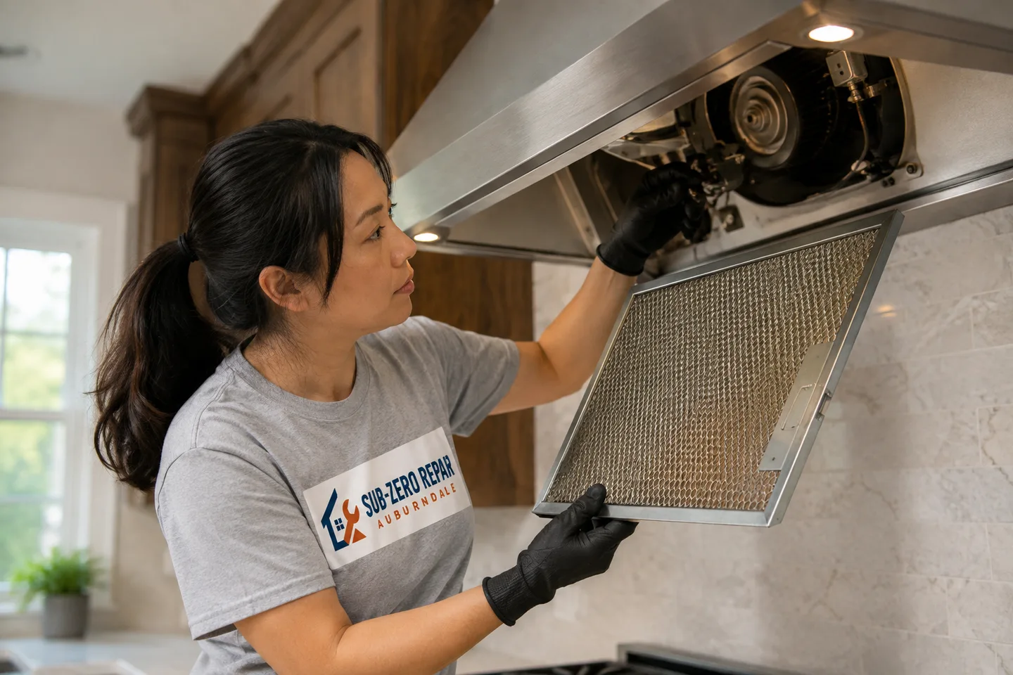 Technician diagnosing a Viking range hood, wearing the company logo. AI-generated illustration.
