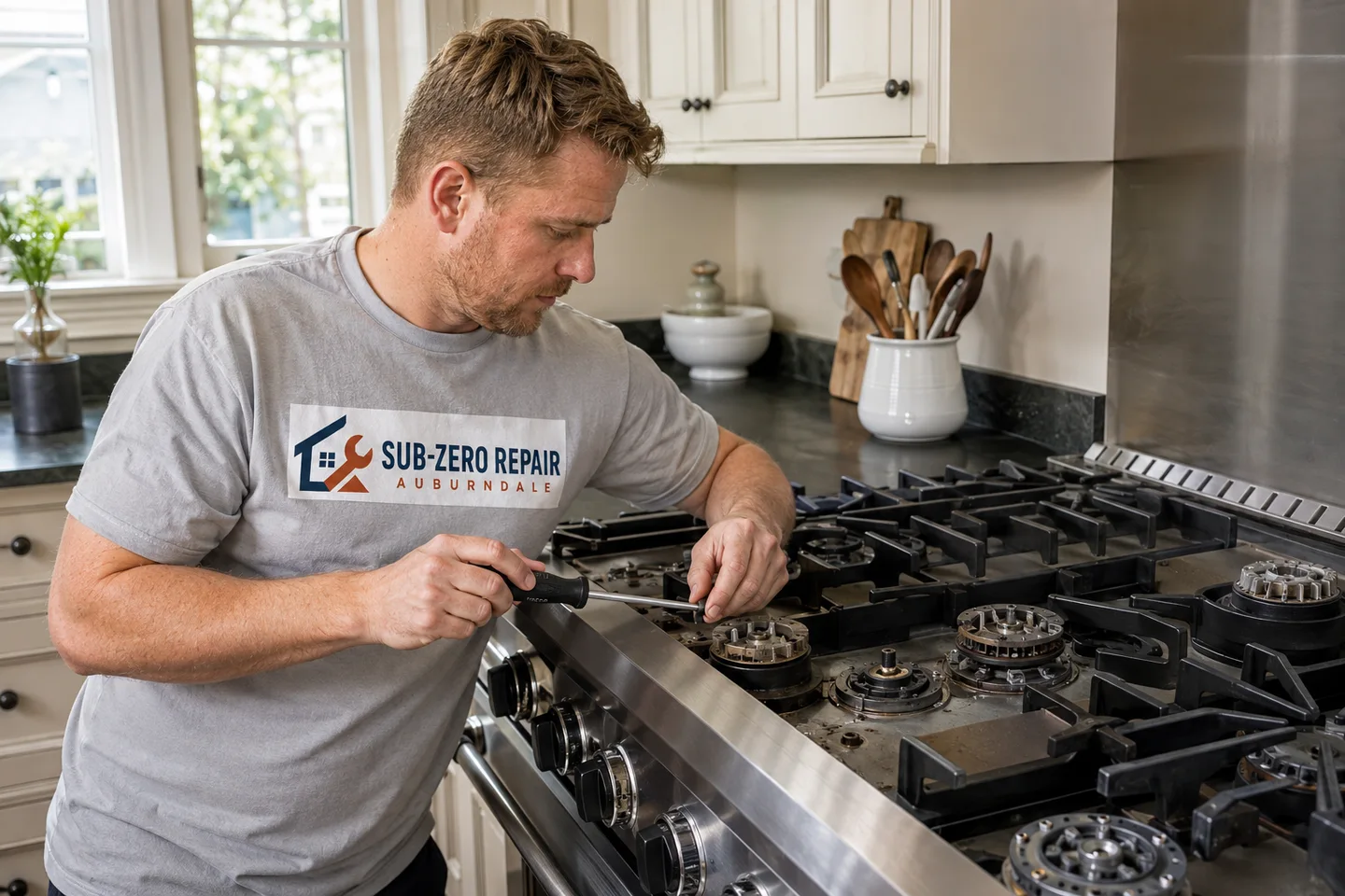 Technician diagnosing a Viking range, wearing the company logo. AI-generated illustration.