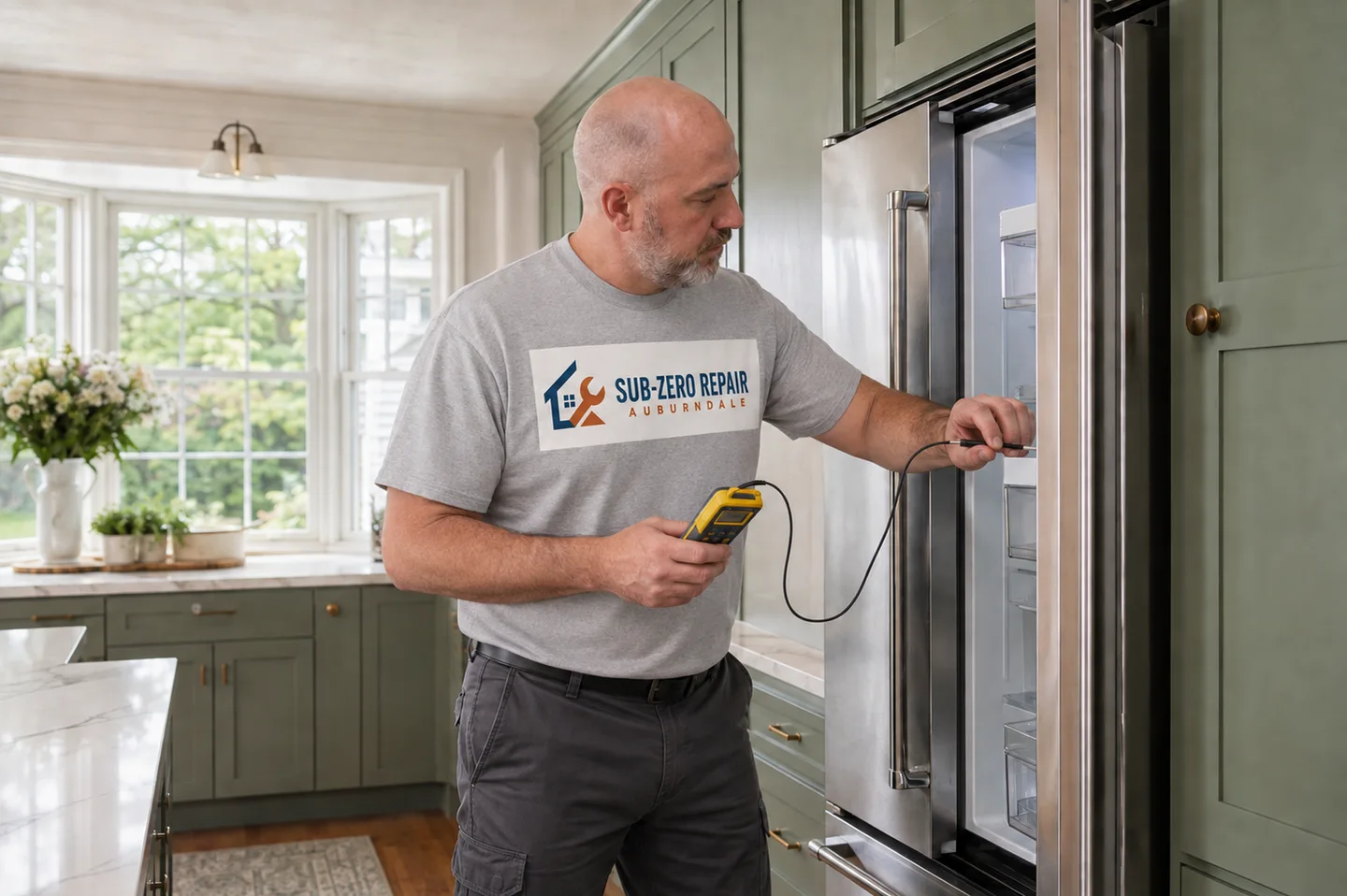 Technician diagnosing a Viking refrigerator, wearing the company logo. AI-generated illustration.