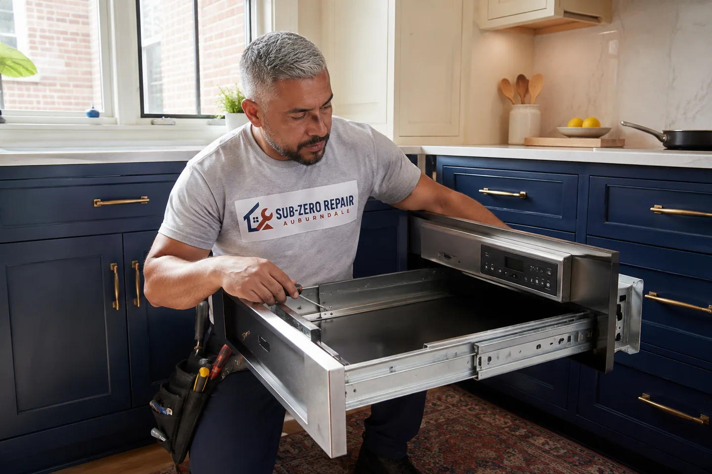 Technician diagnosing a Viking warming drawer, wearing the company logo. AI-generated illustration.