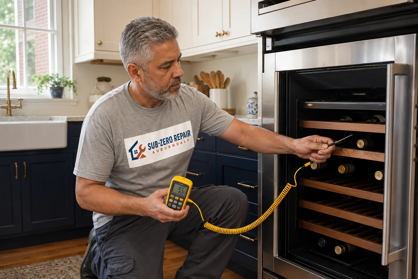 Technician diagnosing a Viking wine cooler, wearing the company logo. AI-generated illustration.